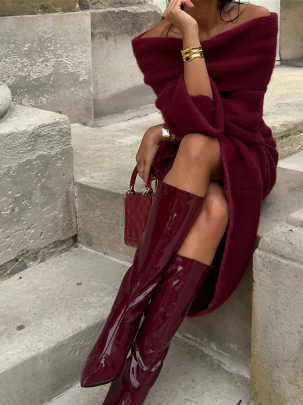 Women Burgundy Knitted Long Sweater Fashion Off-the-shoulder Pullover Long Dress Fall Winter Female Party Commuter Outfit