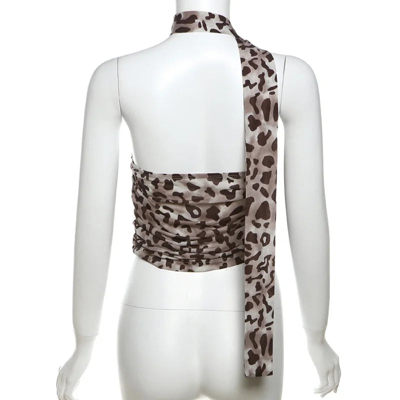 Women Tulle Leopard Print Top with Bandeau Off-the-shoulder Straight-cut Neckline Summer Casual Girls for Summer Blouse