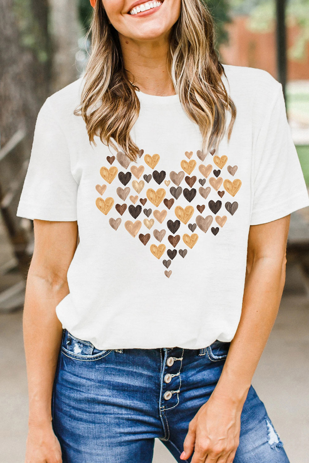 White Valentine's Day Heart Shaped Print Crew Neck Graphic Tee