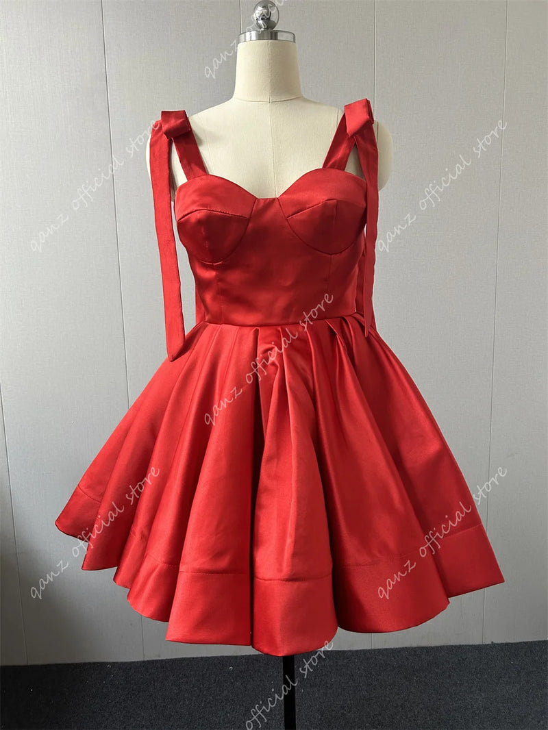 Qanz Short Evening Dresses Prom Gowns Sweetheart Detachable Straps With Bow Customized Mini Club Party Dresses Vestidos De Gala