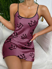 Heart Print Nightdress Elegant Scoop Neck Criss Cross Back Sleep Dress  Women's Sleepwear