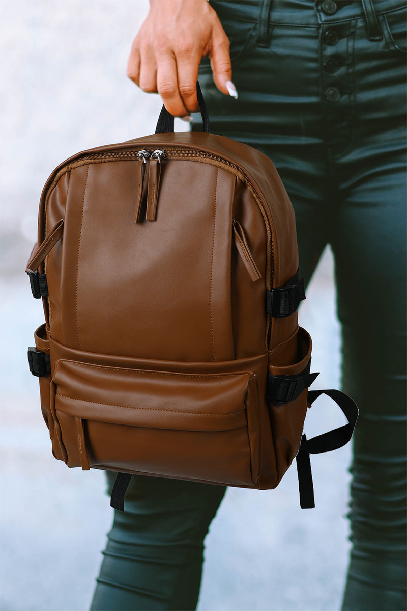 Chestnut Faux Leather Zipped Large Capacity Backpack