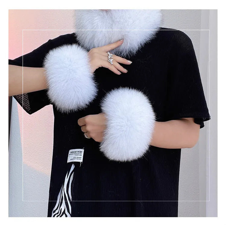 Natural Fox Fur Cuffs Wrist Arm Warmer Women Jacket Coat Sleeve Fur Triming Ladies Bracelet Real Fur Wristand Glove Snap Ring