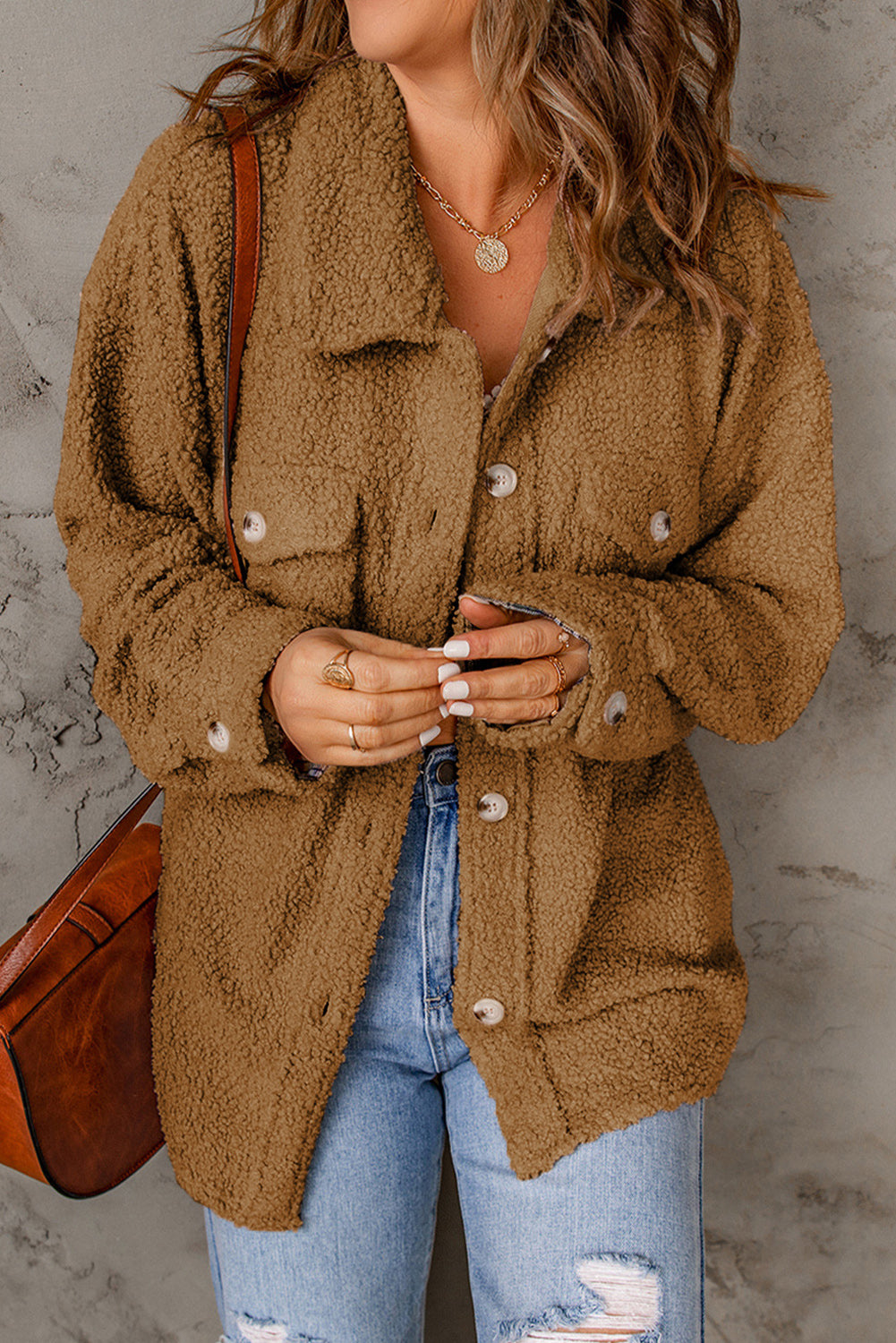 Brown Flap Pockets Button Front Jacket