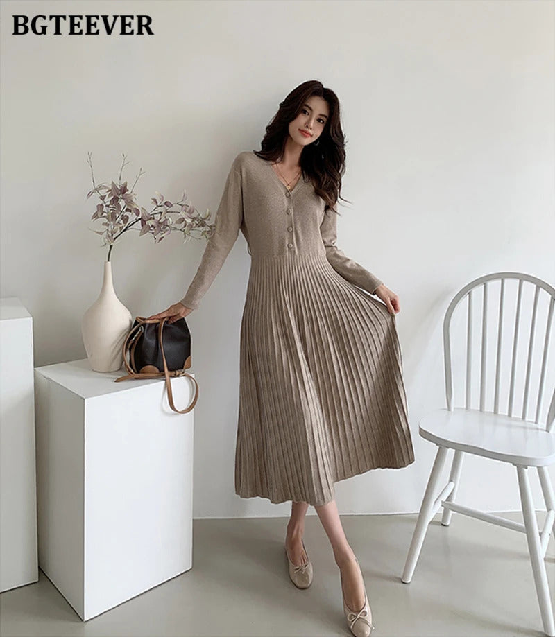 BGTEEVER Elegant V-neck Single-breasted Women Thicken Sweater Dress 2021 Autumn Winter Knitted Belted Female A-line soft dresses