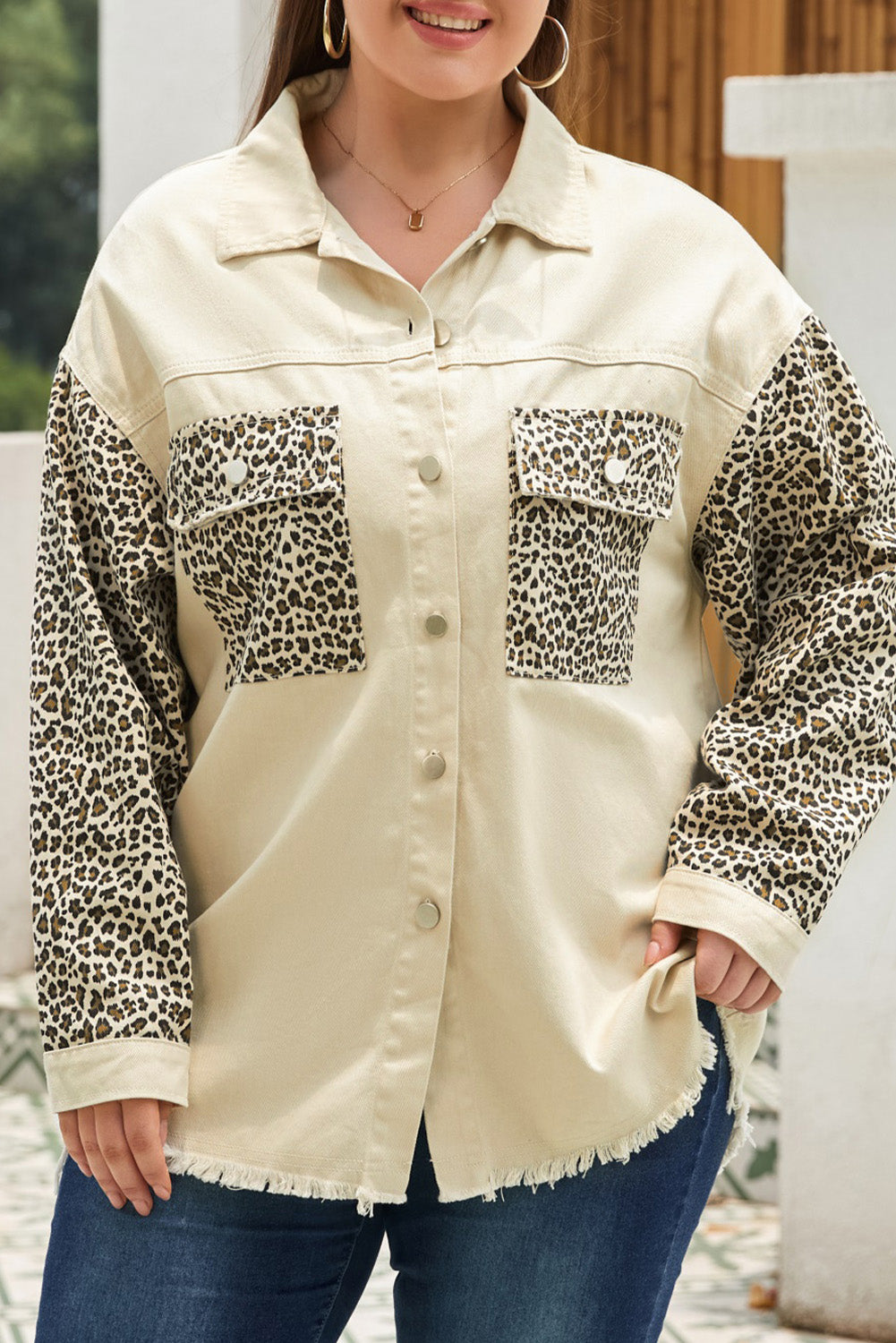 Apricot Plus Size Leopard Sleeve Raw Hem Denim Jacket