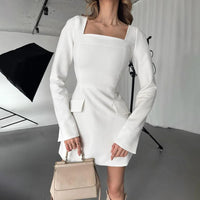 Tossy Bandage Fashion Square Collar MIni Dress For Women Slim High Waist Patchwork Elegant Bodycon Dress Female Autumn Dress New