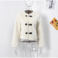 Casual Women's Short Fleece Coat Loose Lapel Leather Buckle Long Sleeve Female Jacket 2024 Autumn Winter Lady Warm Plush Outwear