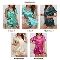 Summer Silk Satin Women Pajamas Set Button Down Top & Shorts 2 Pieces Sleepwear Notched Collar Nightwear Loungewear for Women