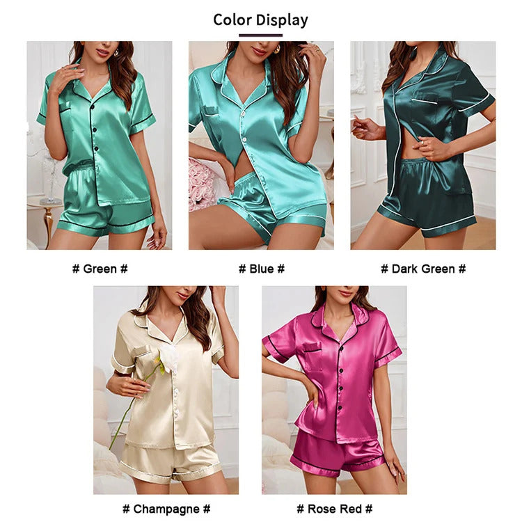 Summer Silk Satin Women Pajamas Set Button Down Top & Shorts 2 Pieces Sleepwear Notched Collar Nightwear Loungewear for Women