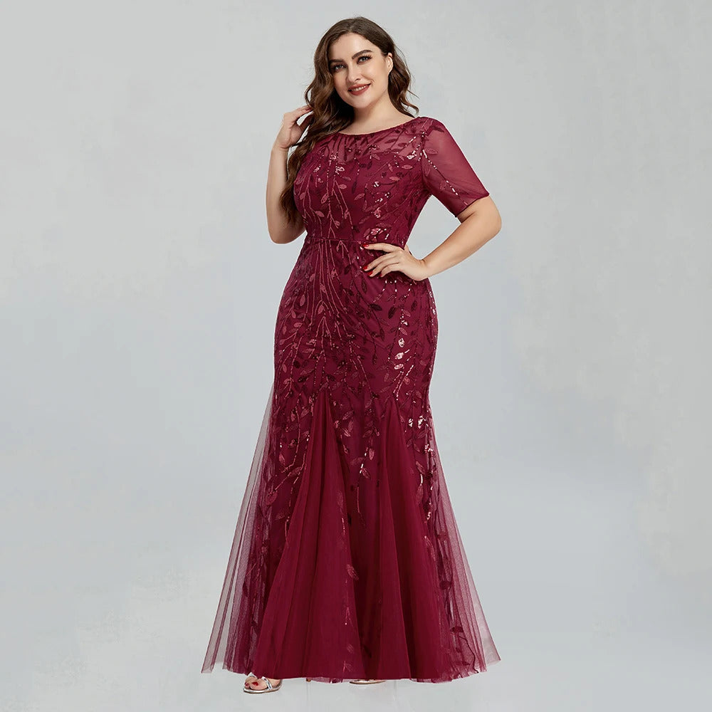 Women Plus Size Sequin Mesh Embroidery Mermaid  Evening Dress Formal Short Sleeve Elegant Party Prom Gowns 2020 New Long Dress