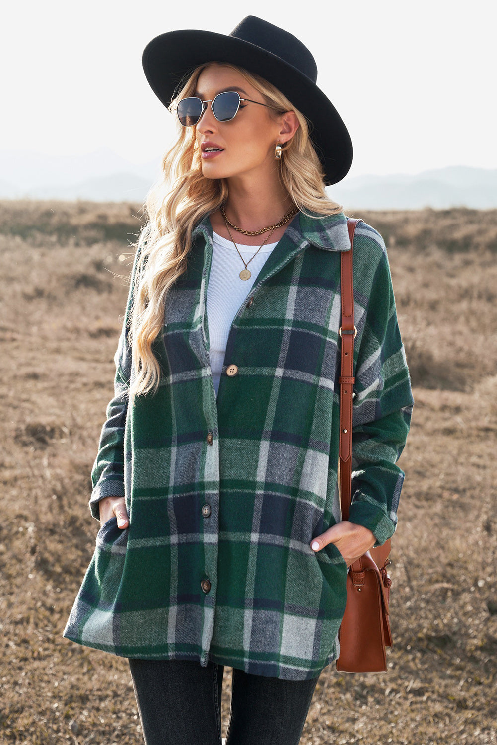 Green Plaid Print Buttoned Shirt Jacket