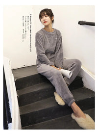 New Autumn Winter Pajamas Warm Coral Fleece Women Cozy Loose Set Top Homewear Long-sleeved lax 2 Piece Solid color Warm Pyjamas