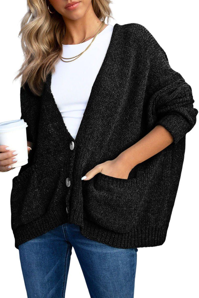 Black Buttons Front Pocketed Sweater Cardigan