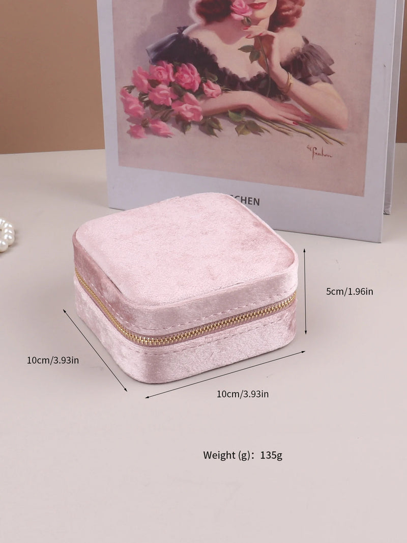 Velvet Jewelry Box For Women Geometric Sqaure Jewelry Storage Case Necklace Ring Earrings Travel Portable Zipper Boxes