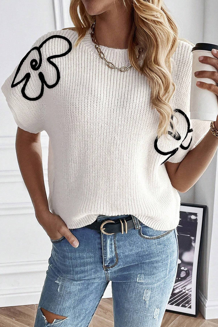 White Flower Embroidery Sweater Tee