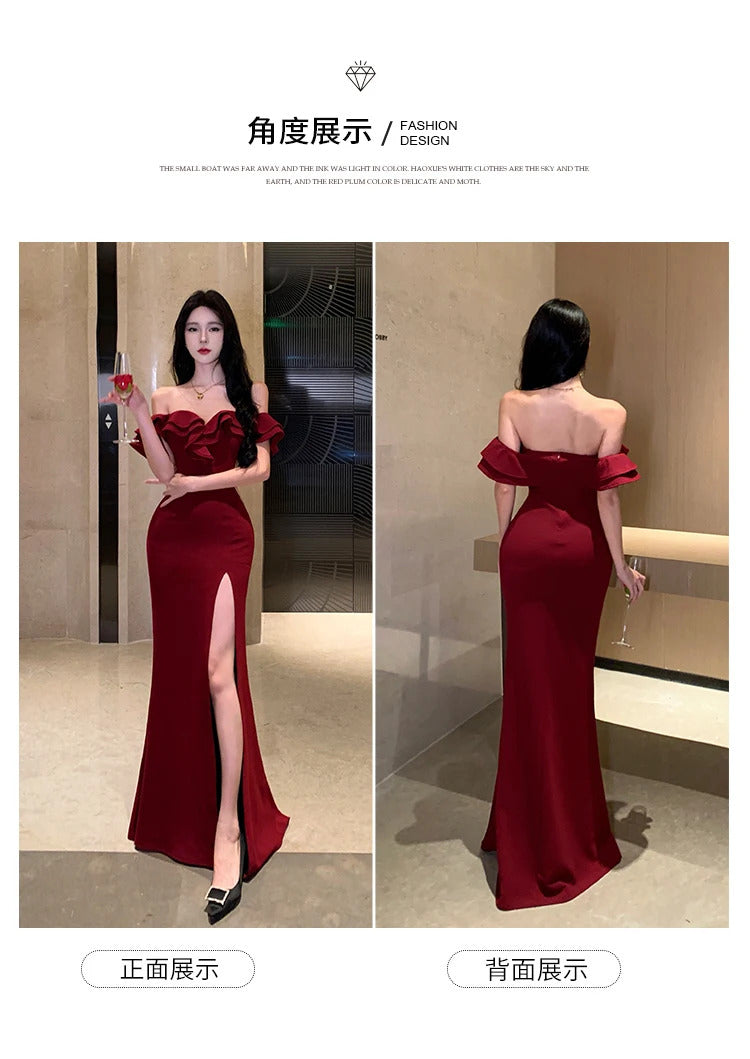 Sexy Bodycon Long Dresses for Women Wedding Evening Party Prom Robe Ruffles Slash Neck High Split Hollow Out Summer New Vestido