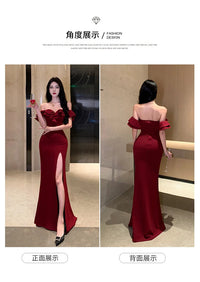 Sexy Bodycon Long Dresses for Women Wedding Evening Party Prom Robe Ruffles Slash Neck High Split Hollow Out Summer New Vestido