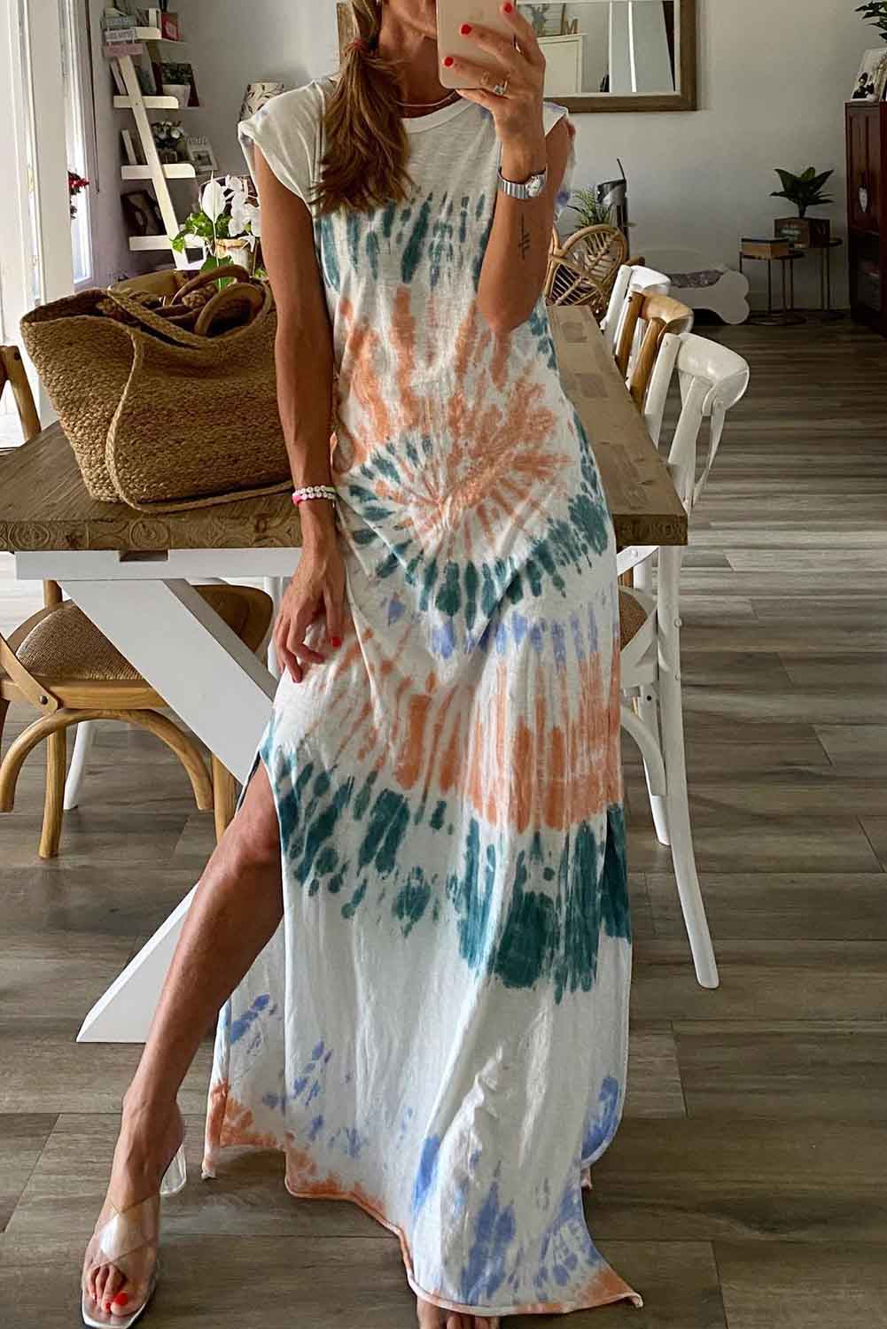 Women's Cap Sleeve Tie Dye Long Slit Summer Dress