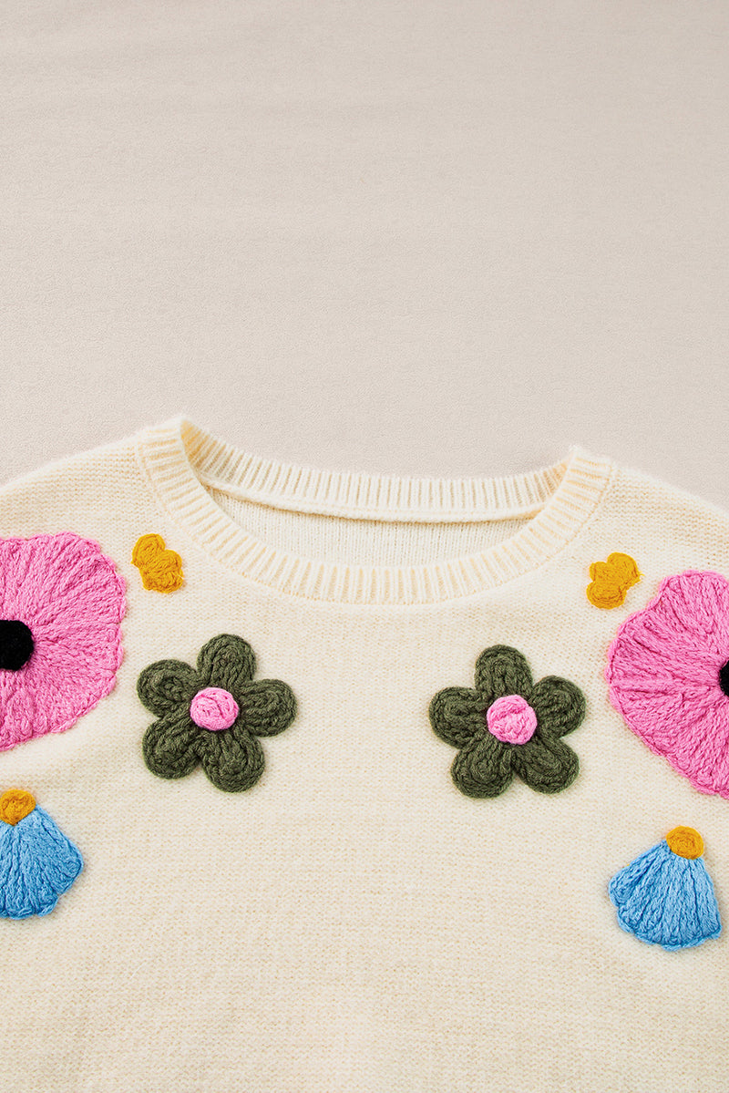 Beige Knitted Flower Pattern Ribbed Edge Sweater