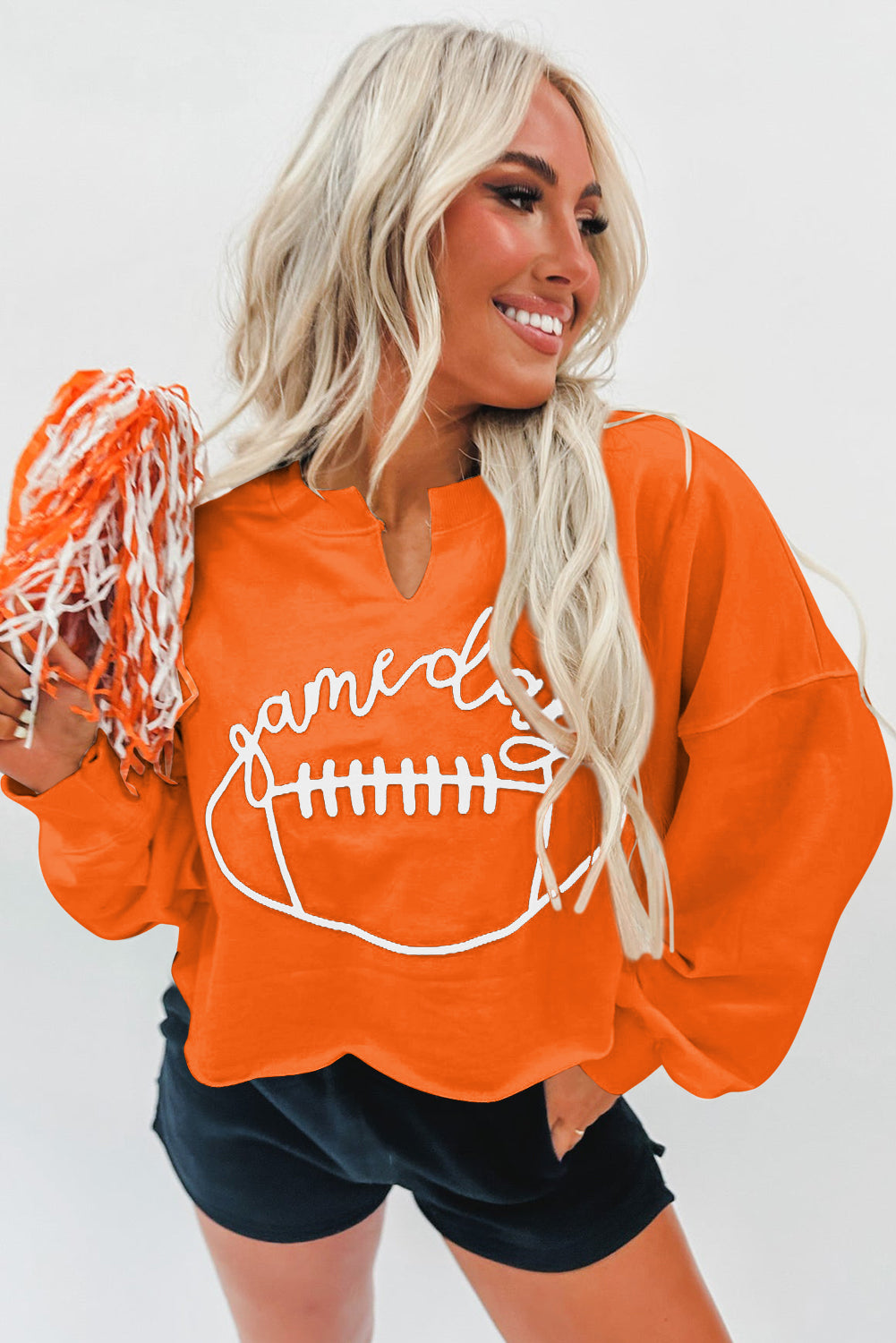 Orange Game Day Lettering Rugby Notched Neck Sweatshirt