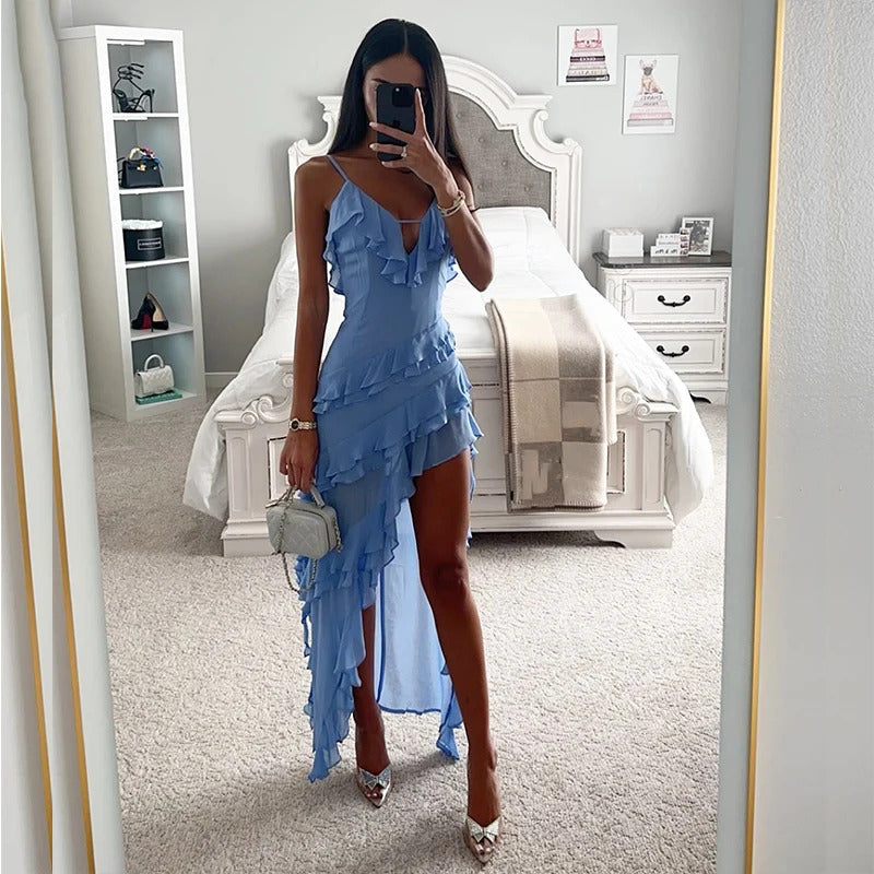 Fashion Ladies V-neck Ruffled Slim Long Dress Casual Sleeveless Solid Holiday Dress Sexy Suspender Irregular Evening Dress Mujer