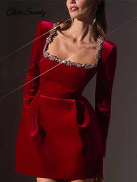 Velvet Square Collar Beading Long Sleeve Dress Women High Waist Slim A-line Party Dresses 2024 Lady Christmas Evening Gowns New