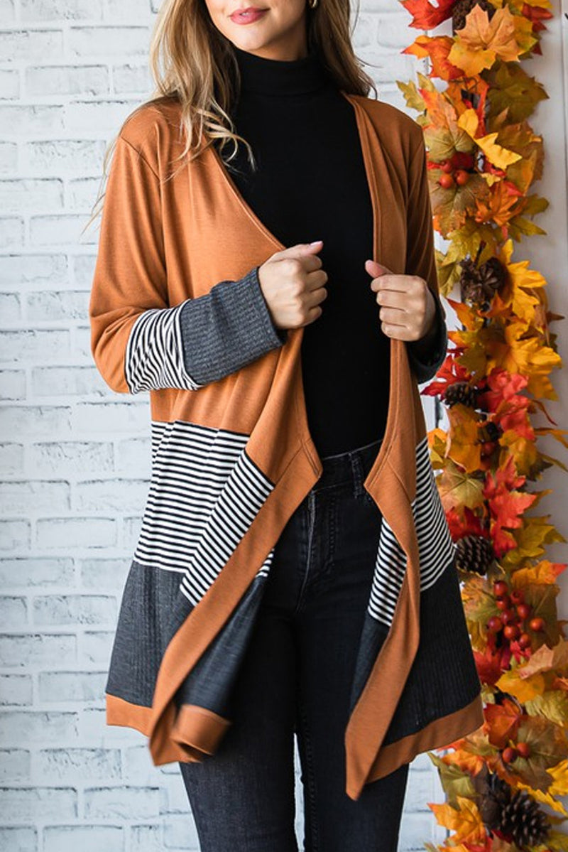 Orange Colorblock Striped Patchwork Open Cardigan