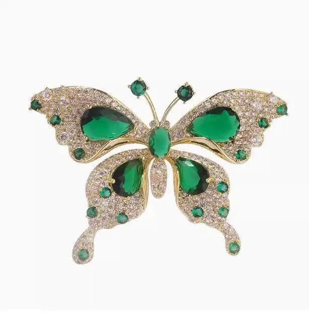 Fashion Women Girls Elegant Emerald Crystal Butterfly Brooches Badges Classic Lady Dress Suit High-end Pins Jewelry