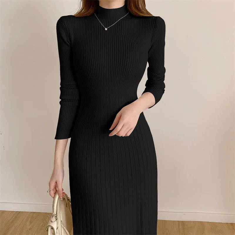 Autumn Winter 2023 Slim Long Sleeve Party Midi Dress for Women Knitted Half High Collar Elegant Knitted Sweater Dresses Ladies