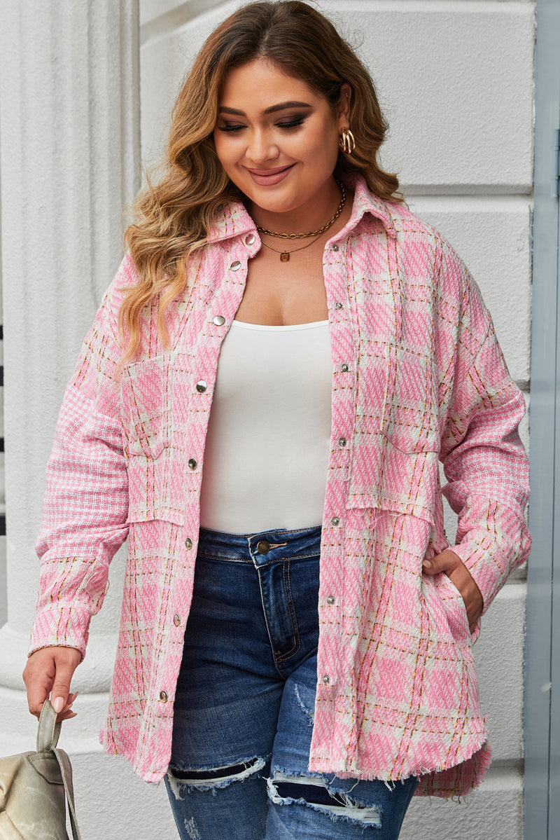 Pink Plus Size Tweed Plaid Houndstooth Print Jacket