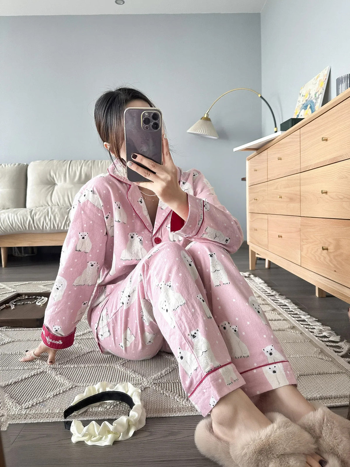 100% Cotton Pajamas for Women Loose Cartoon Long Sleeve Pants Loungewear Women 2 Piece Set Pj Women Outfit Sleepwear Set Pijamas