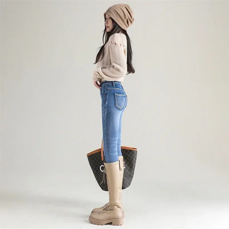 Women Thermal Skinny Jeans Mom Winter Warm Plush Stretch Jeans Lady Fleece Snow Denim Pants Student Pencil Straight Leg Trousers