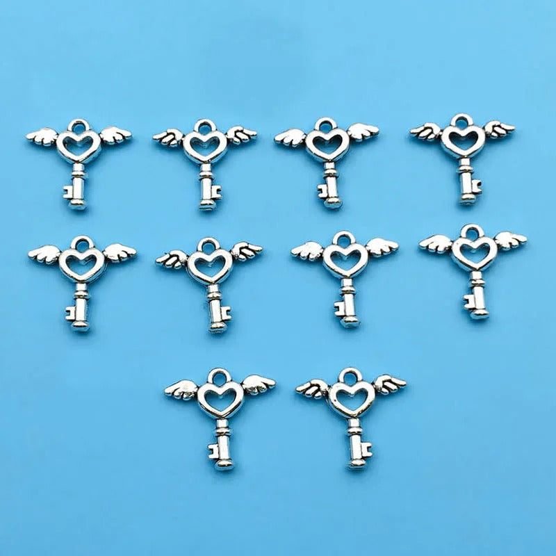 10/20pcs Antique Silvery Angel Wings Key Heart Creative Charm For Jewelry Making Bracelet Necklace Earrings Keychain DIY Handmad