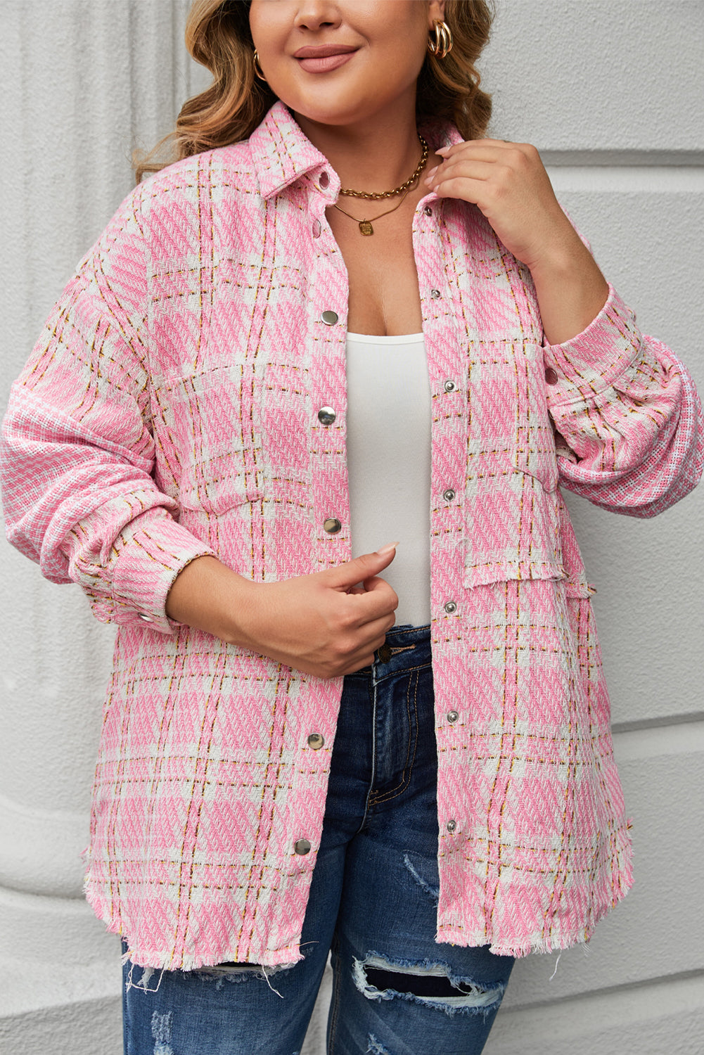 Pink Plus Size Tweed Plaid Houndstooth Print Jacket