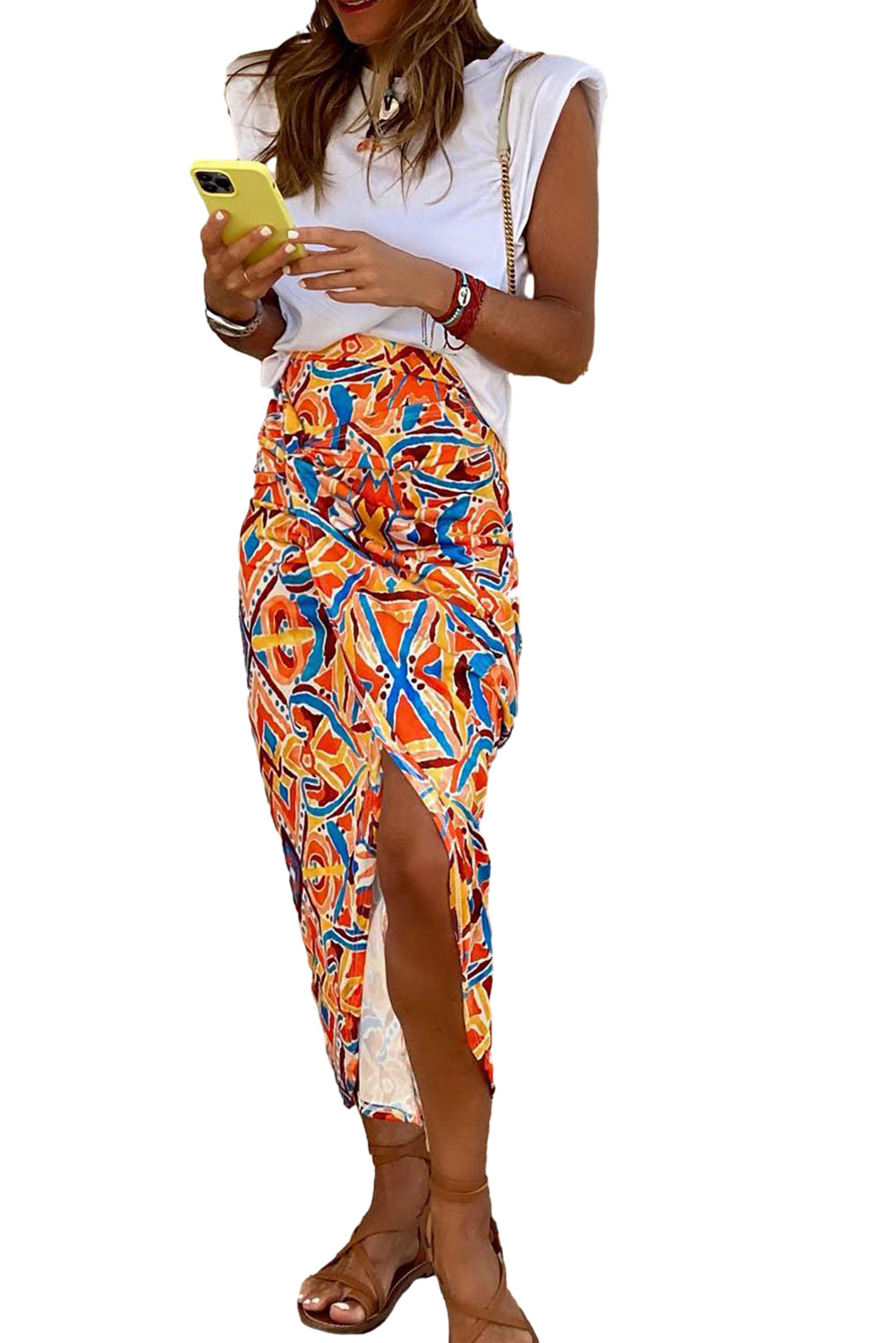 Yellow Geometric Abstract Print Slit High Waist Maxi Skirt