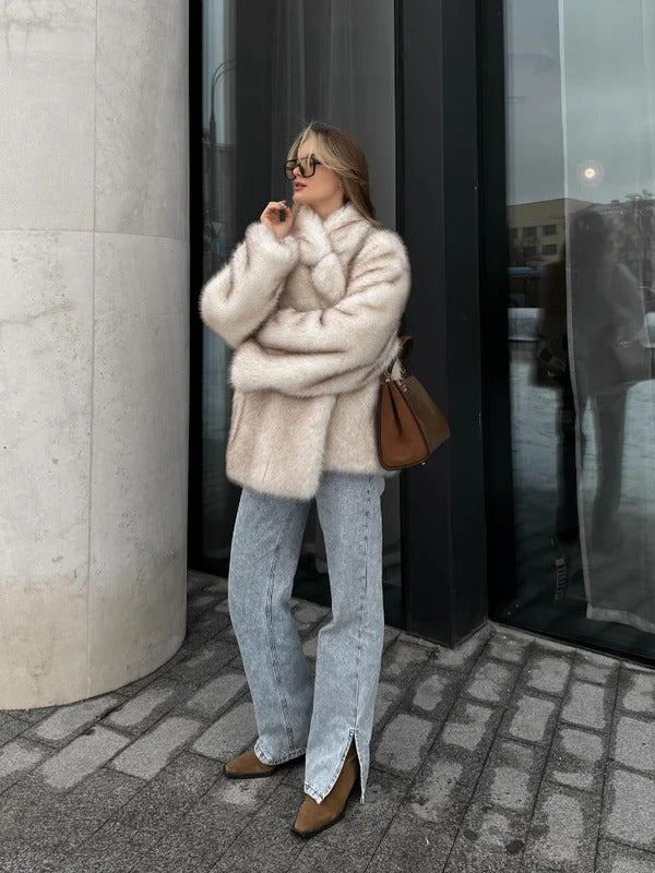 Solid Fluffy Faux Fur Women Thick Coat Fashion Warm Lapel Long Sleeve Short Jackets 2024 Winter Female Elegant Street Outerwear