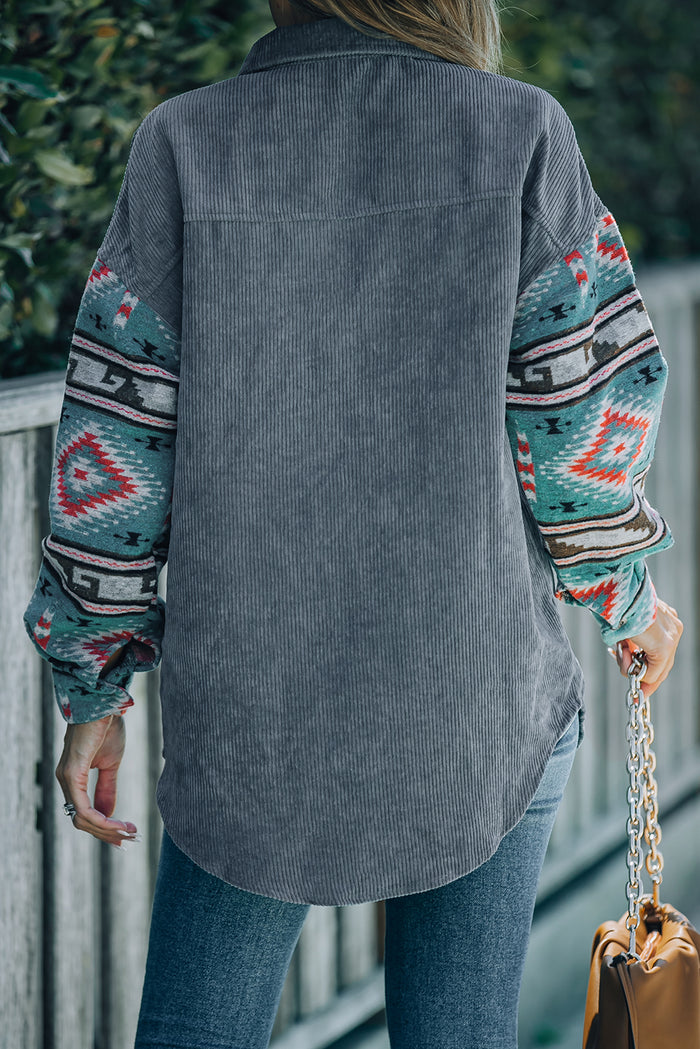 Gray  Aztec Pattern Sleeve Pocketed Corduroy Shacket