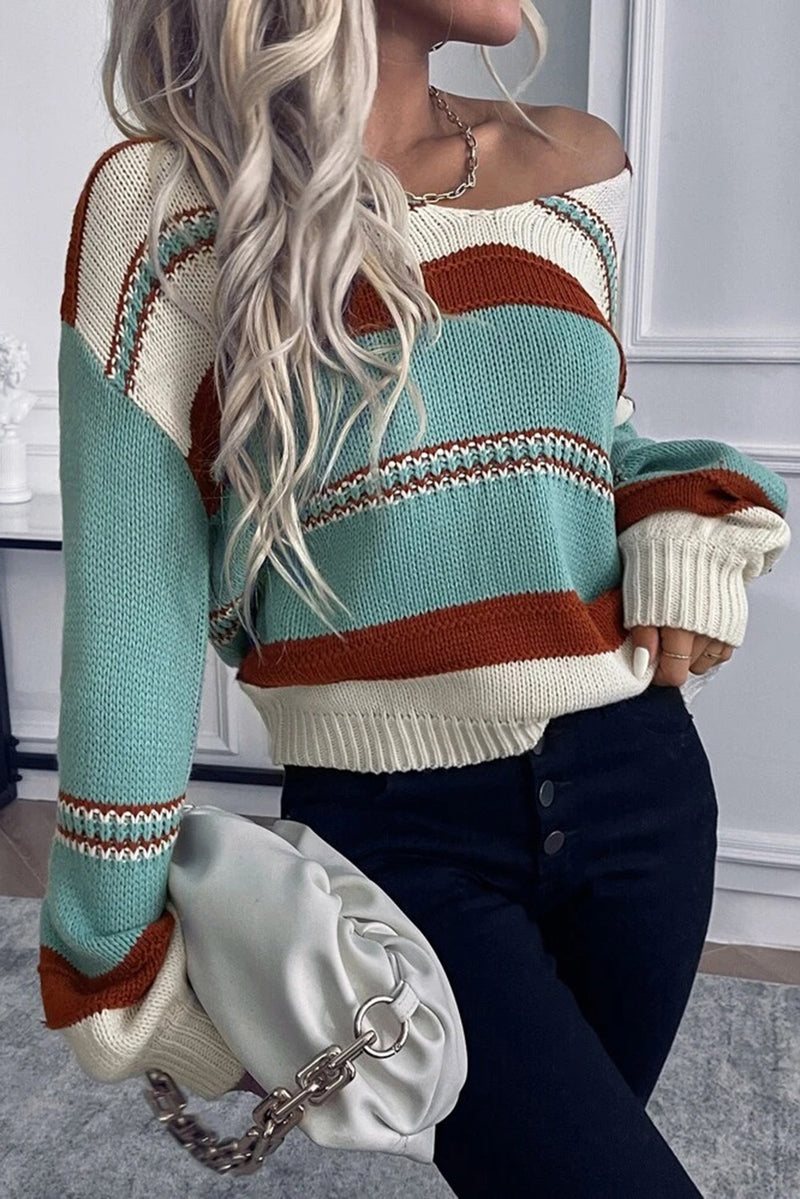 Coffee Striped Pattern Knit V Neck Sweater