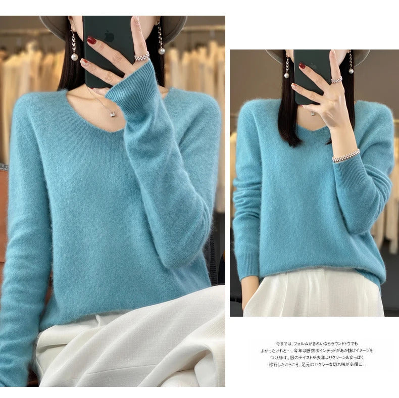 100% pure wool cashmere sweater women's V-neck pullover casual knit top autumn and winter women's coat Korean fashion