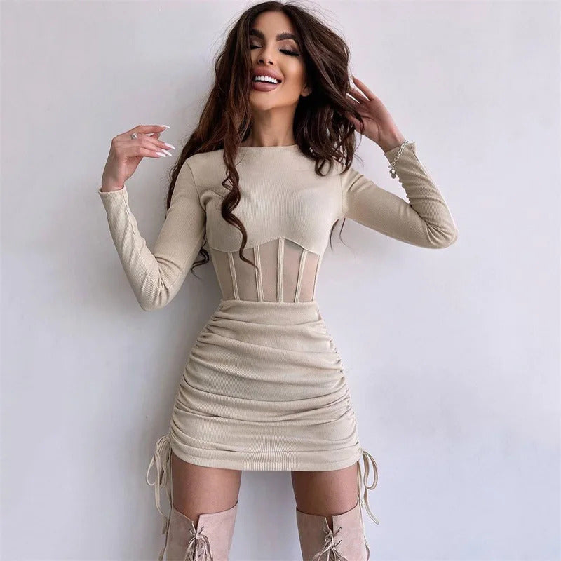 Shirring Mesh Hollow Out Bodycon Dress Women O Neck Long Sleeve Mini Vestidos Ribbed Hot Sexy Dresses Fashion High Street Wear