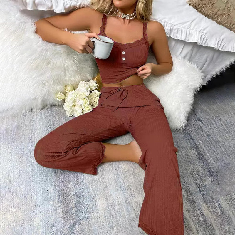 Women's Sexy Pajamas Set 2024 Summer Ribbed Sleeveless Top Long Pants Sleepwear 2 Piece Set For Women Home Casual Suspender Suit