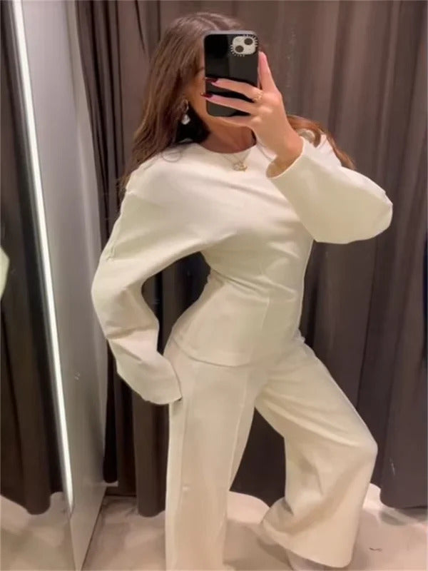 Women's Two Pieces Set Pant Sets Crop Long Sleeve Sets Elegant Women's Suits High Waist Wide Leg Trousers Outfit Streetwear