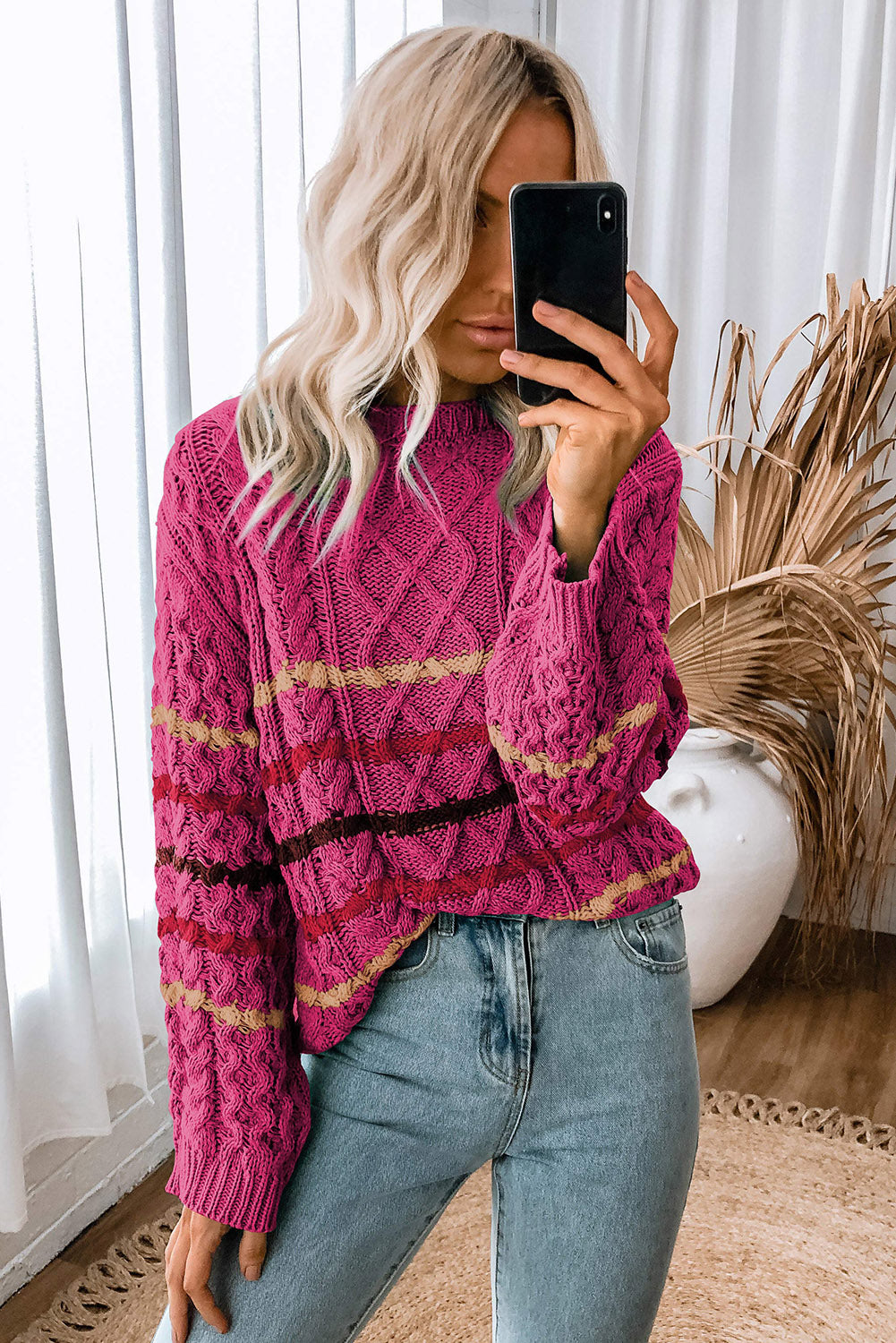 Rose Striped Color Block Textured Knit Pullover Sweater