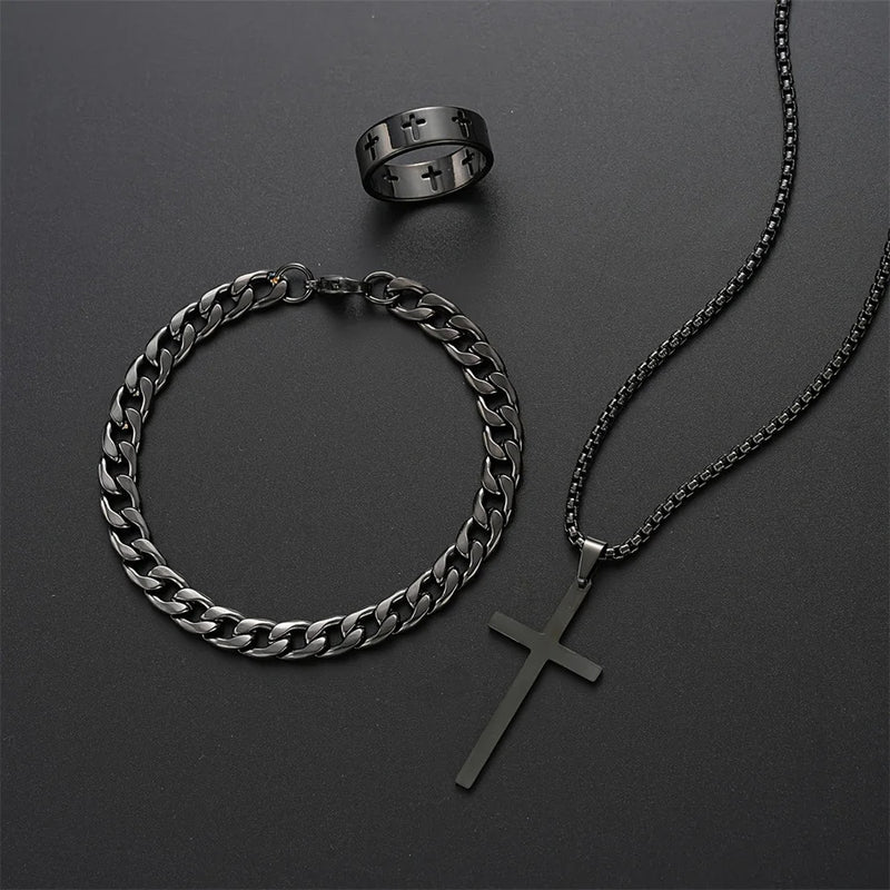 3pcs Set Men's Stainless Steel Metal Cross Pendant Chain Necklace Bracelet Ring Jewelry Set Male Hip Hop Daily Wear Accessories