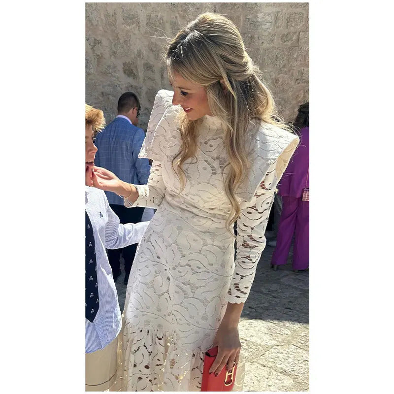 Elegant Hollow Out  Lace Maxi White Dress Women's Fashion Mock Neck Long Sleeved Shoulder Padded Robe 2024 Evening Females Wear