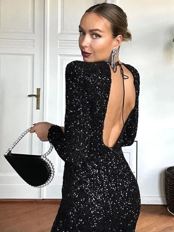 Chic Black Shiny Sequins Maxi Dress 2024 New Women O Neck Long Sleeve Party Gowns Female Autumn Elegant Evening Event Veatisos