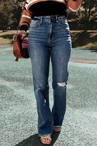 Dark Blue Medium Wash Ripped Straight Leg Jeans