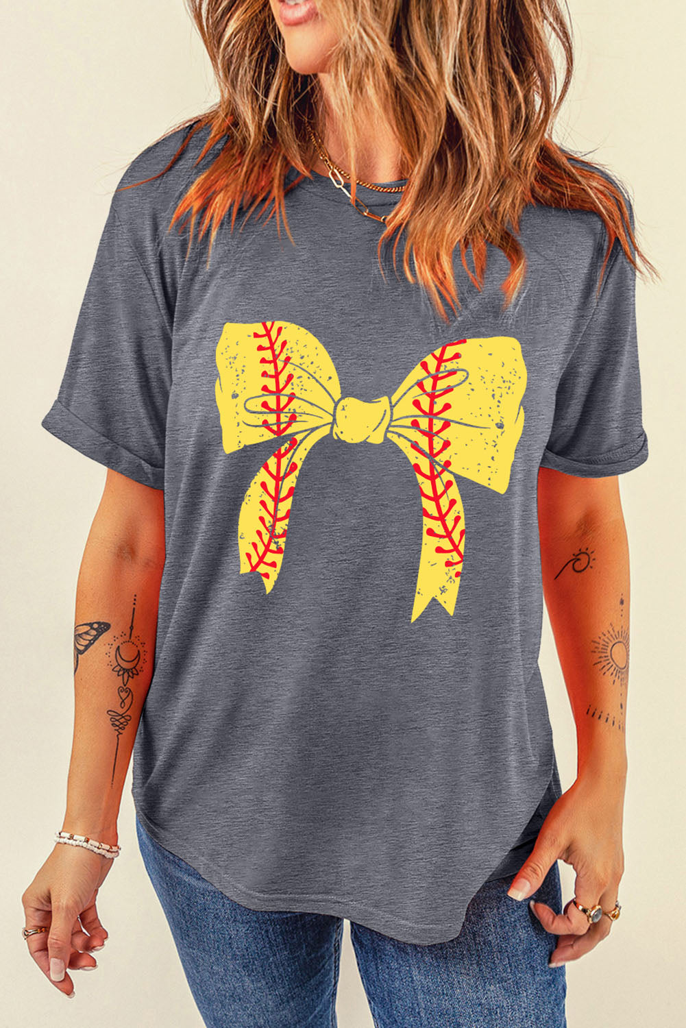 Gray Baseball Bowknot Graphic Casual Tee