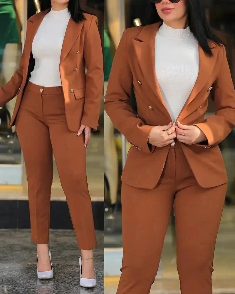 New 2025 Formal Office Pant Sets Women 2PCS Double Breasted Solid Blazers Jacket and Pants Two Pieces Set Female Pant Suits Sets